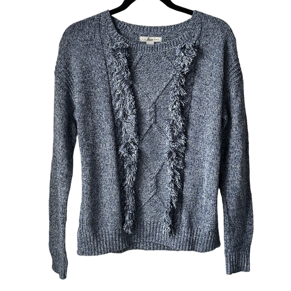 Bass Cotton Blue Cable Knit Sweater, Fringe Long Sleeve Size M
